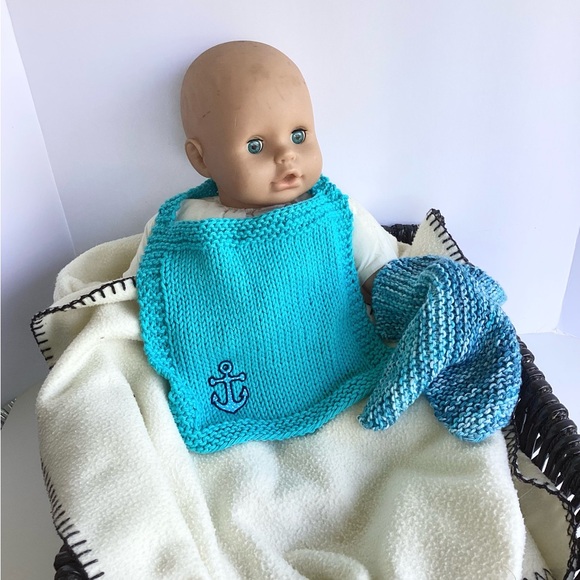 Baby Bib Set Hand Crafted Washcloth Blue Cotton Knit Anchor - Picture 11 of 12